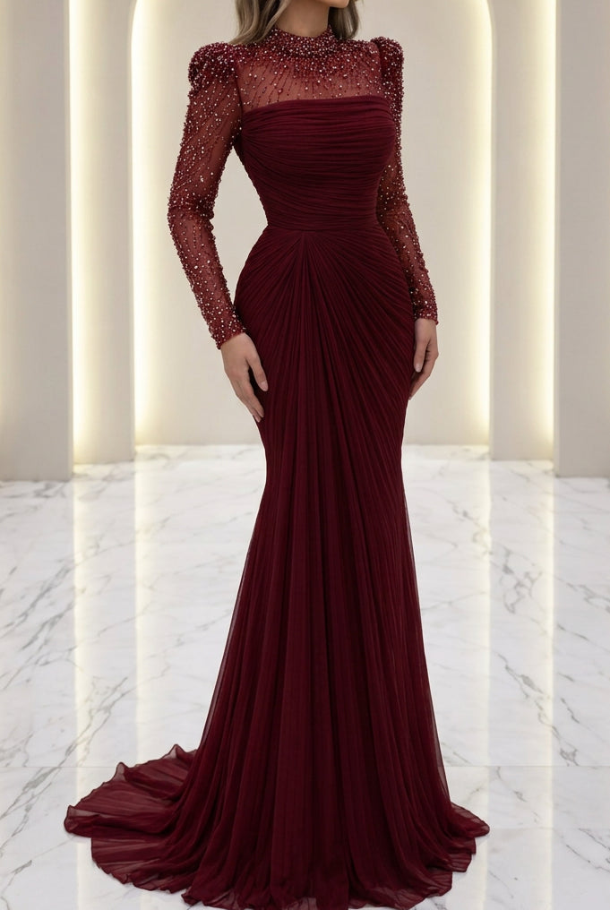 Ruched Long Sleeve Evening Dress with Beaded Illusion Neck