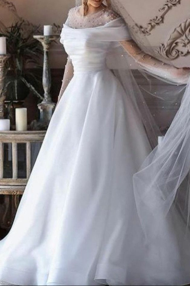 Pearl Illusion Off-the-Shoulder Satin Wedding Dress
