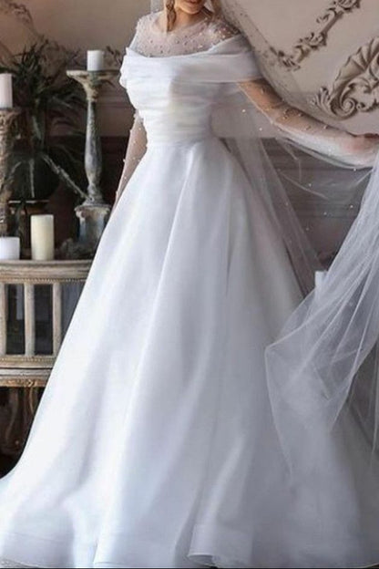 Pearl Illusion Off-the-Shoulder Satin Wedding Dress
