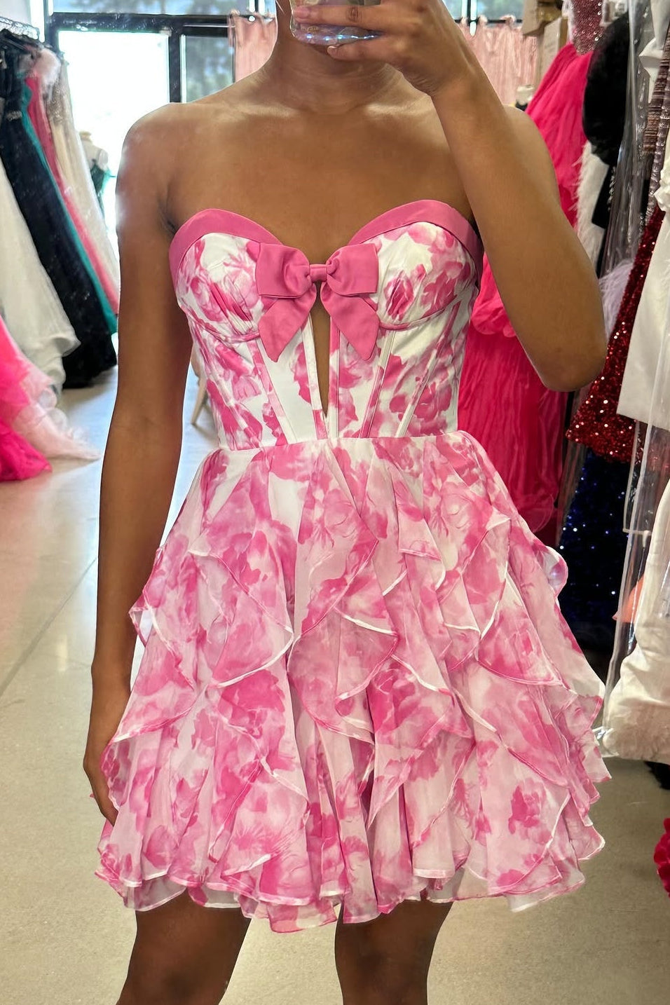 Strapless Floral Tiered Corset Mini Dress