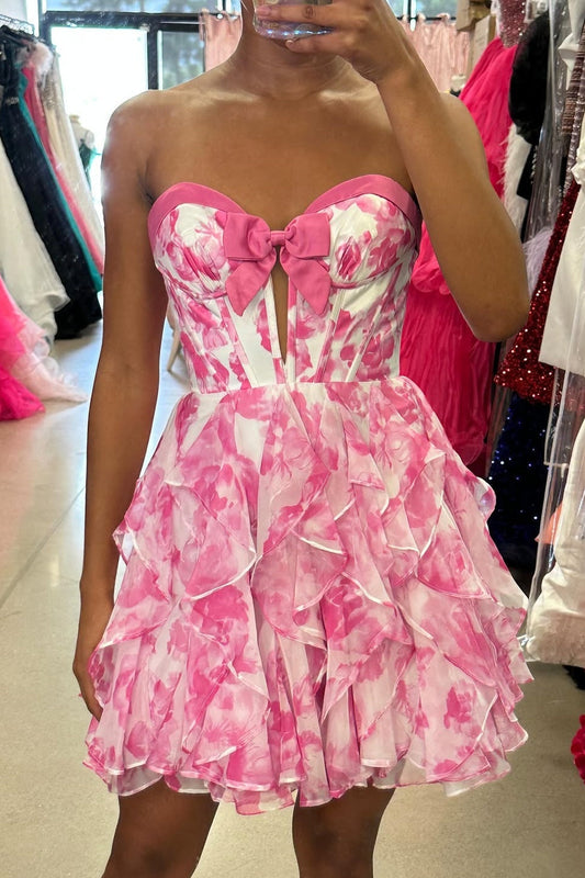 Strapless Floral Tiered Corset Mini Dress