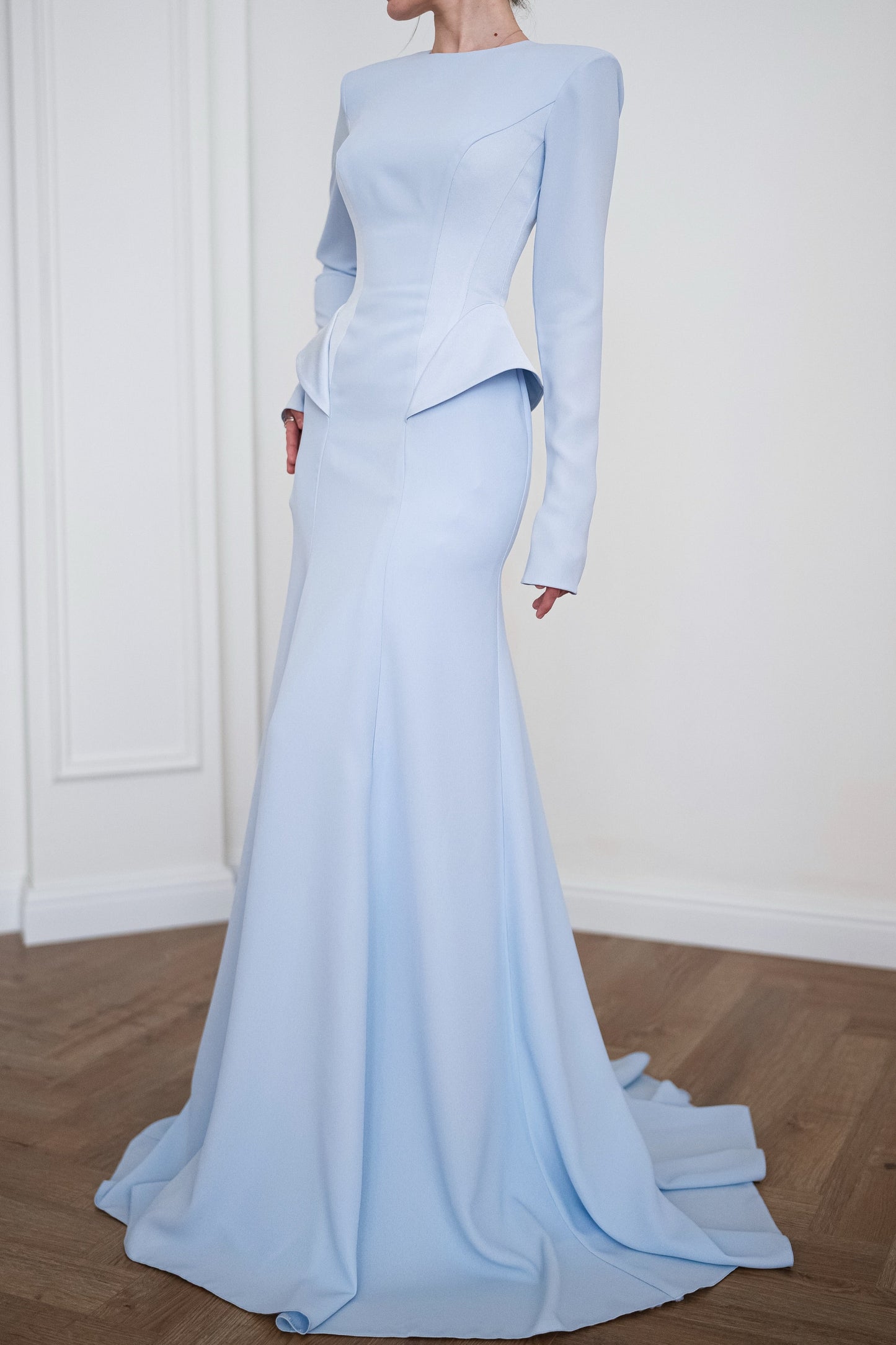 Long Sleeve Crepe Mermaid Gown with Peplum Detail