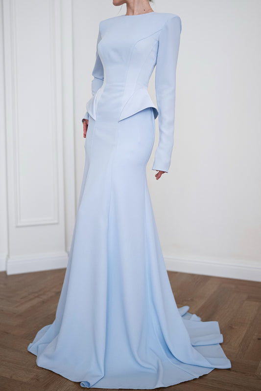 Long Sleeve Crepe Mermaid Gown with Peplum Detail