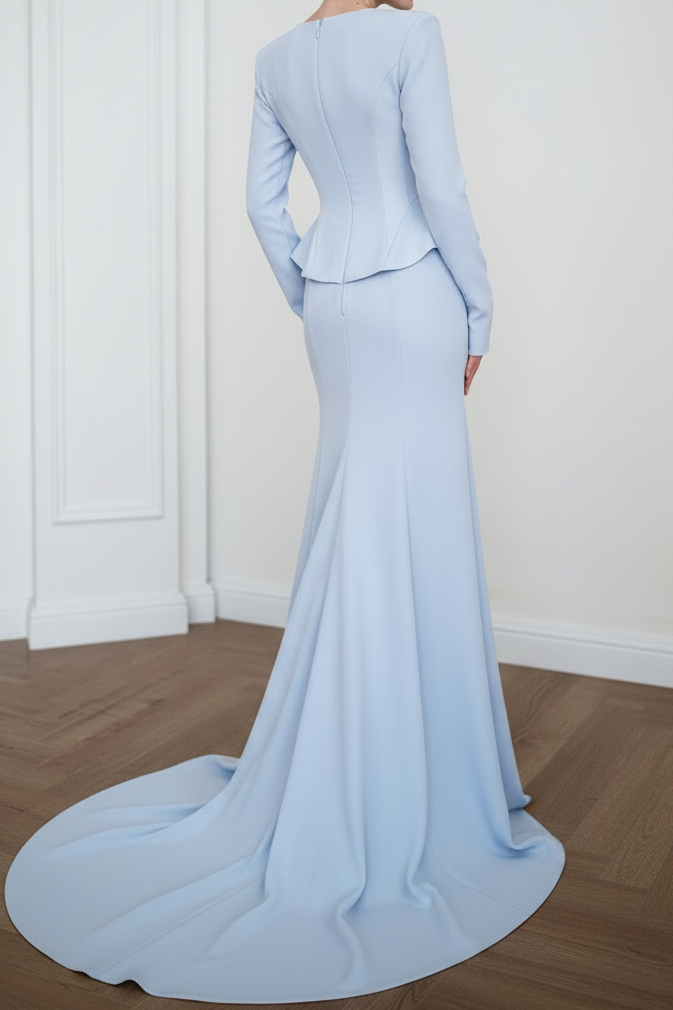 Long Sleeve Crepe Mermaid Gown with Peplum Detail