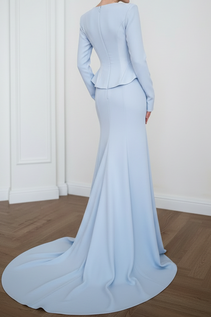 Long Sleeve Crepe Mermaid Gown with Peplum Detail