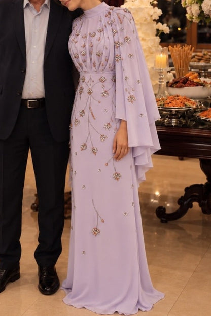 High Neck Embellished Gown with Cape Sleeves