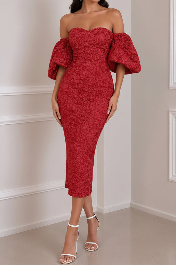 Off-the-Shoulder Puff Sleeve Jacquard Midi Dress