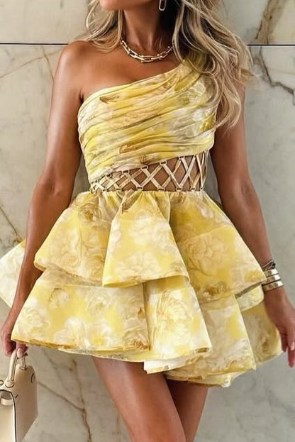 One-Shoulder Tiered Cut-Out Mini Dress