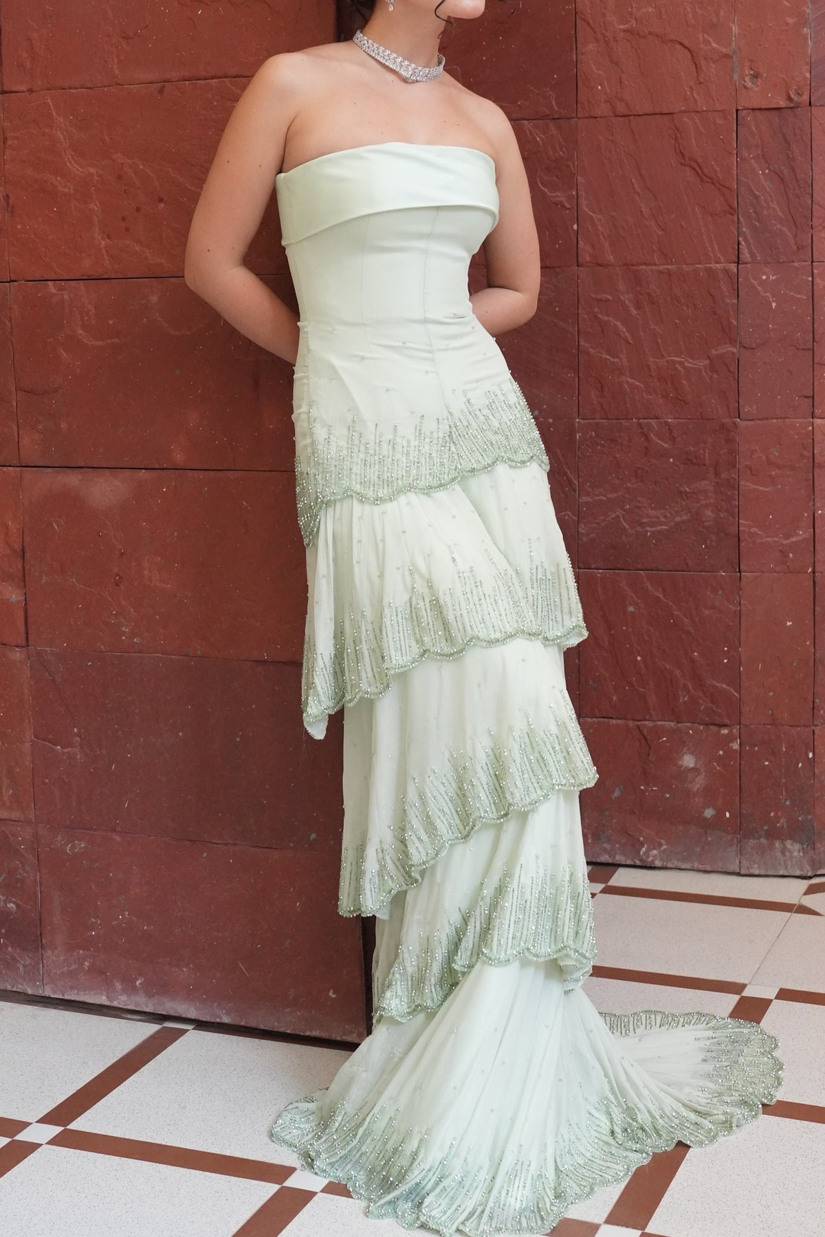 Strapless Tiered Beaded Evening Gown