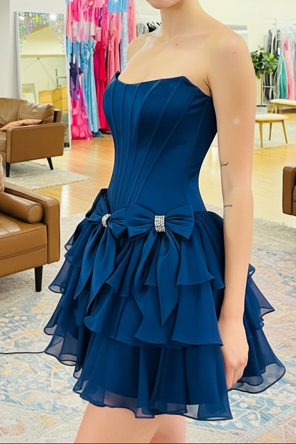 Strapless Corset Tiered Ruffle Mini Dress with Bows