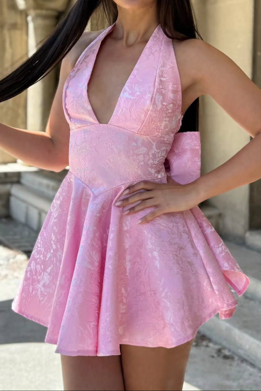 Halter Jacquard Mini Dress with Back Bow and Corset