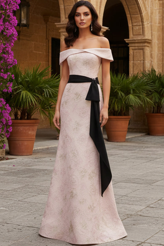 Off-the-Shoulder Jacquard Gown with Contrast Sash