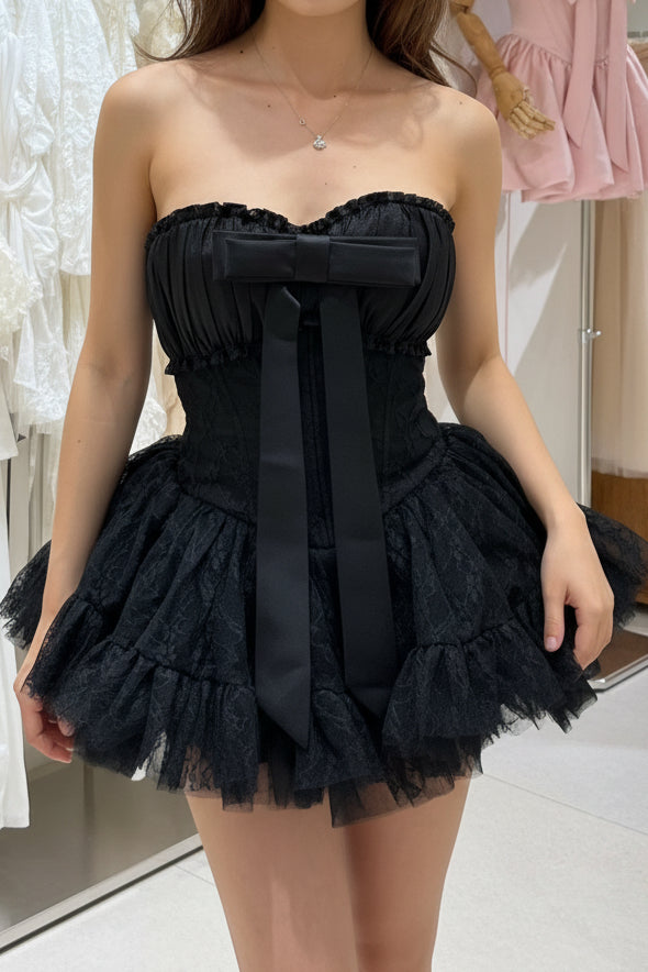Strapless Corset Mini Dress with Bow and Tiered Tulle Skirt