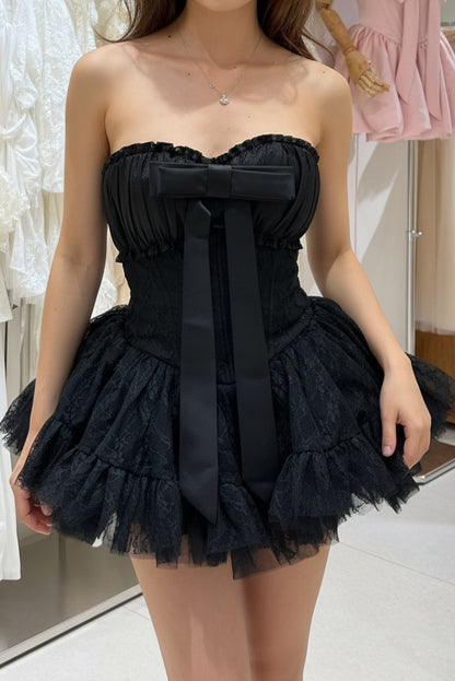 Strapless Corset Mini Dress with Bow and Tiered Tulle Skirt