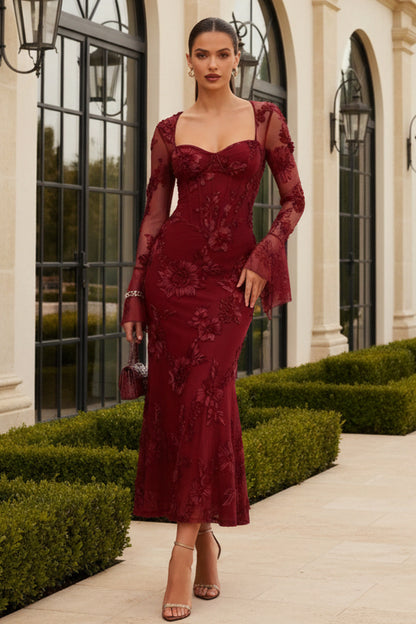 Long Sleeve Floral Lace Corset Evening Gown