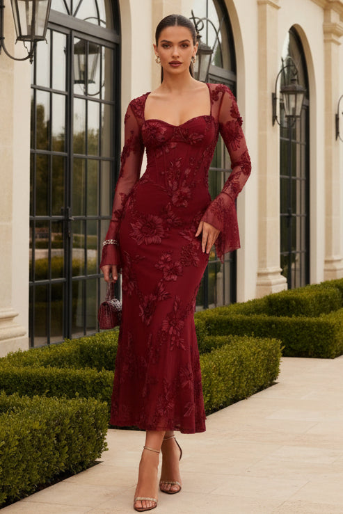 Long Sleeve Floral Lace Corset Evening Gown