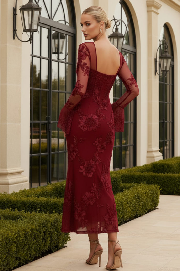 Long Sleeve Floral Lace Corset Evening Gown