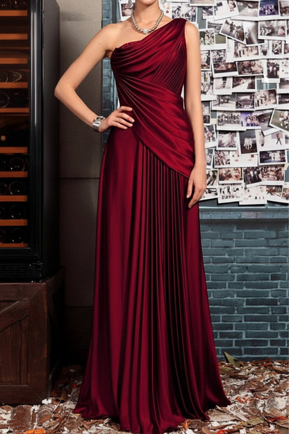 One Shoulder Pleated Satin Evening Gown