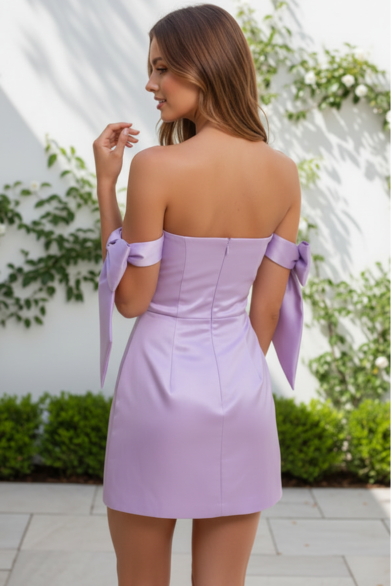 Off-the-Shoulder Satin Bow Mini Dress