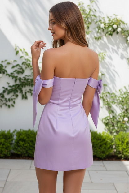 Off-the-Shoulder Satin Bow Mini Dress