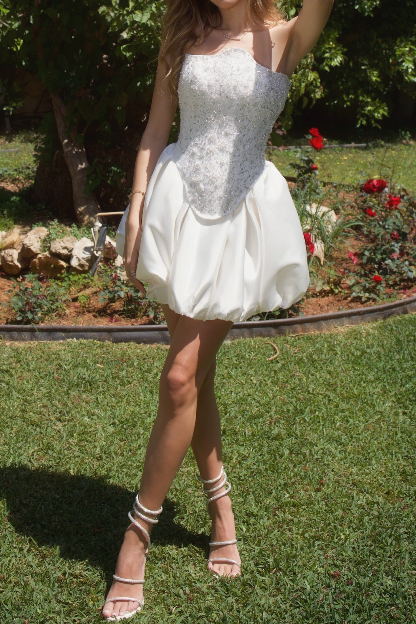 Strapless Beaded Corset Bubble Skirt Mini Wedding Dress