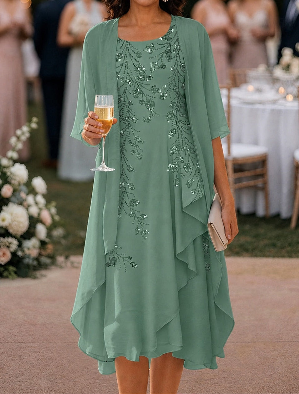 Sequin Embroidered Chiffon Dress with Cape Jacket Set