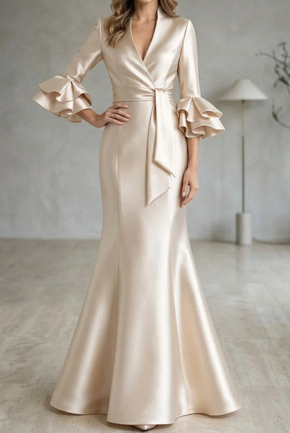 Mermaid Satin Gown with Ruffle Bell Sleeves