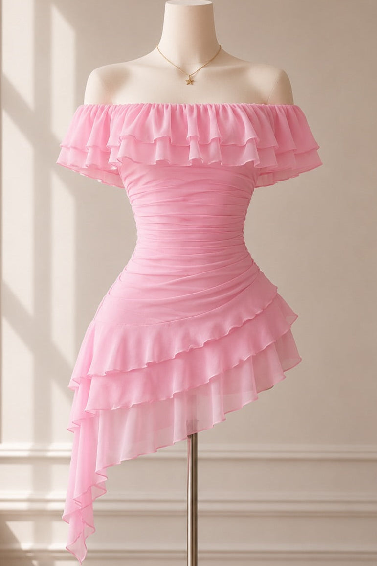 Off Shoulder Ruffle Tiered Asymmetrical Mini Dress