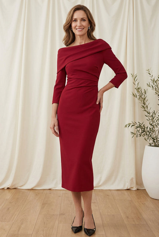 Asymmetric Neck Midi Sheath Dress with 3/4 Sleeves