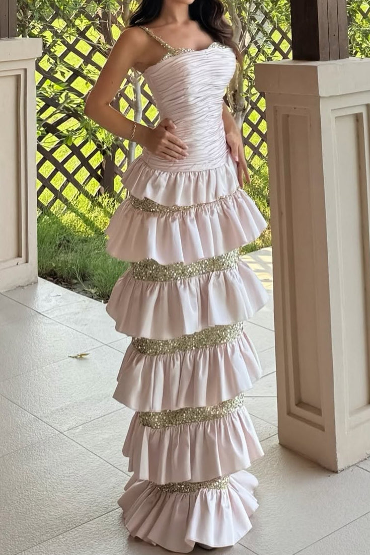 Ruched Tiered Maxi Gown with Crystal Straps