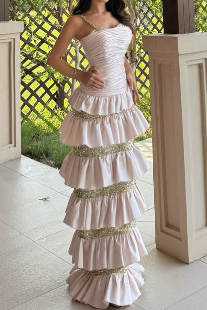 Ruched Tiered Maxi Gown with Crystal Straps