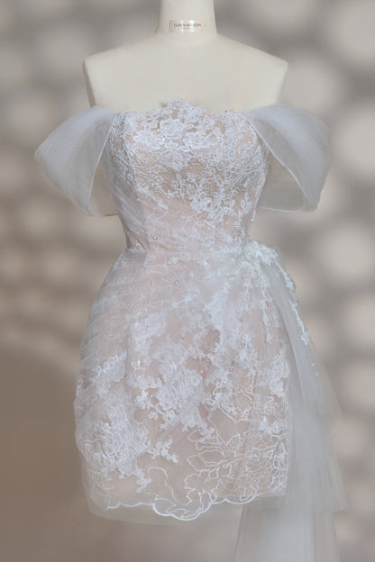 Lace Off-the-Shoulder Mini Dress with Side Train