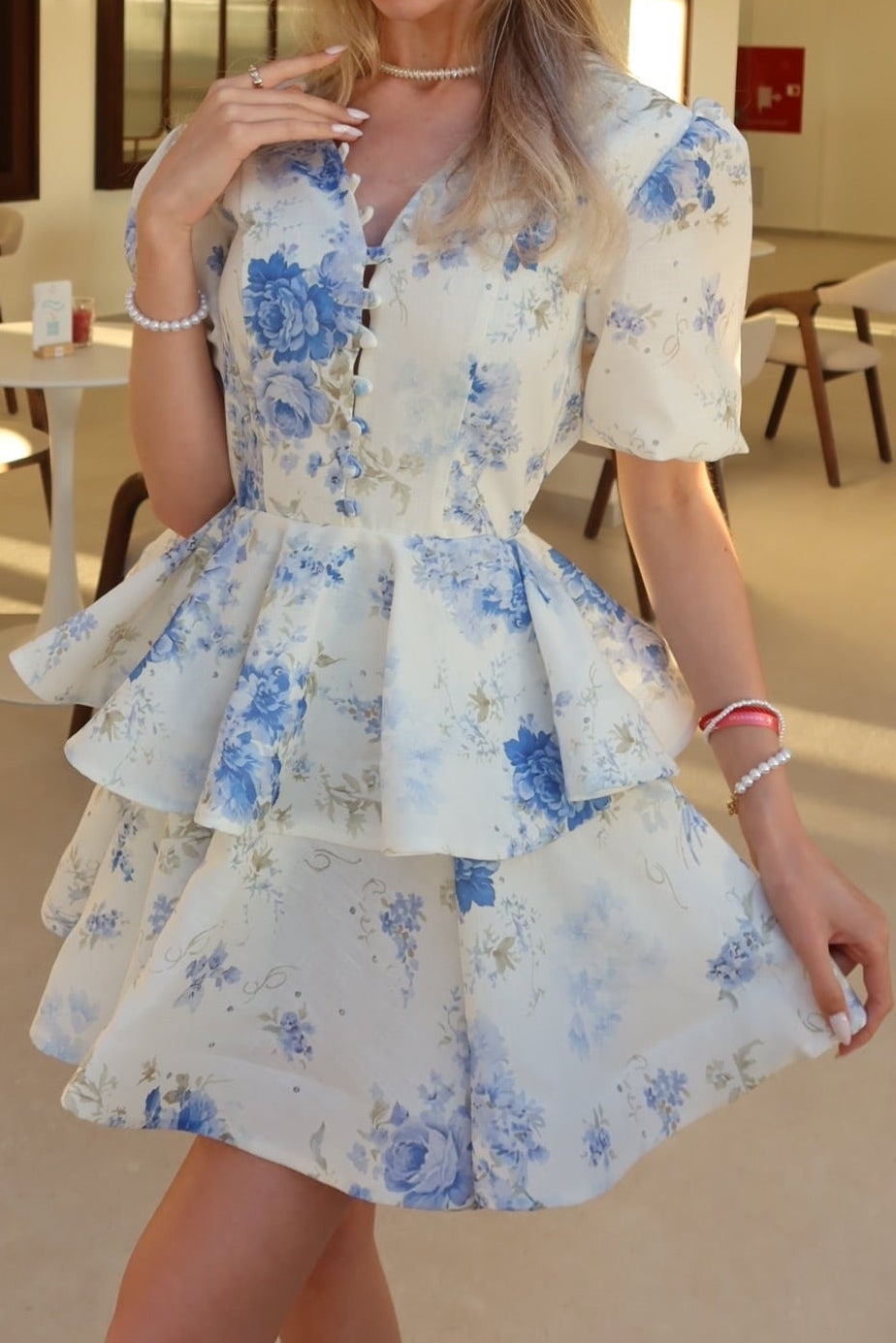 Tiered Floral Mini Dress with Puff Sleeves