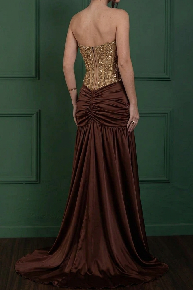 Beaded Corset Drop-Waist Satin Evening Gown