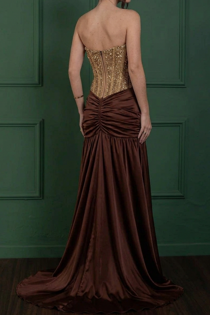 Beaded Corset Drop-Waist Satin Evening Gown