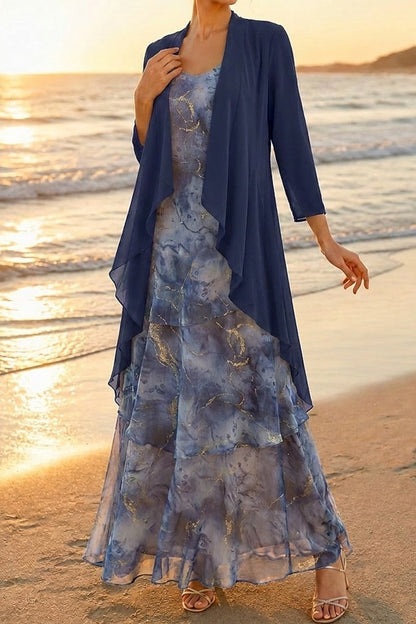 Tiered Maxi Dress with Sheer Draped Jacket