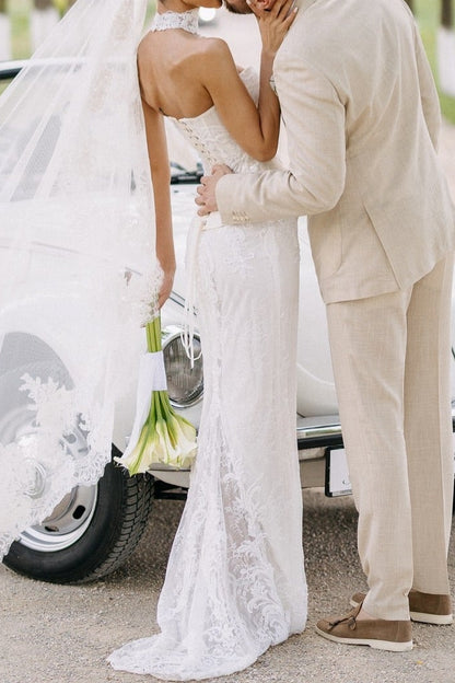 Strapless Corset Lace Column Wedding Gown