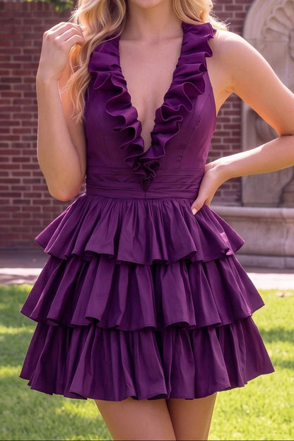 Ruffled Halter Plunge Tiered Mini Dress