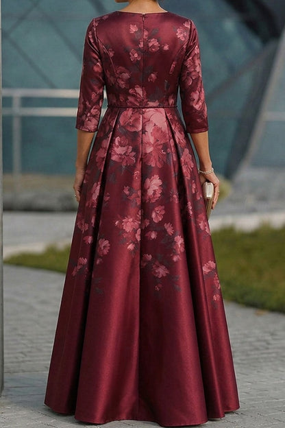 Floral Satin A-Line Gown with 3/4 Sleeves