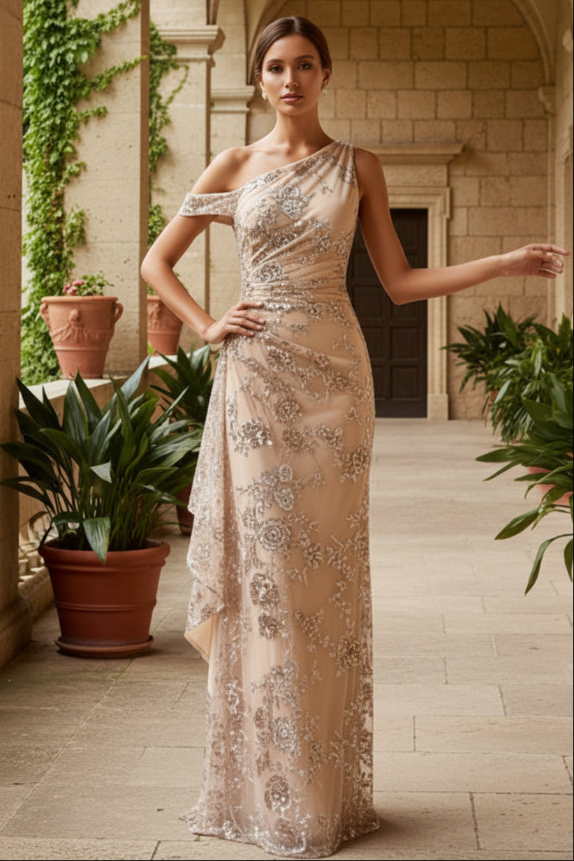 One-Shoulder Floral Sequin Gown with Side Ruffle