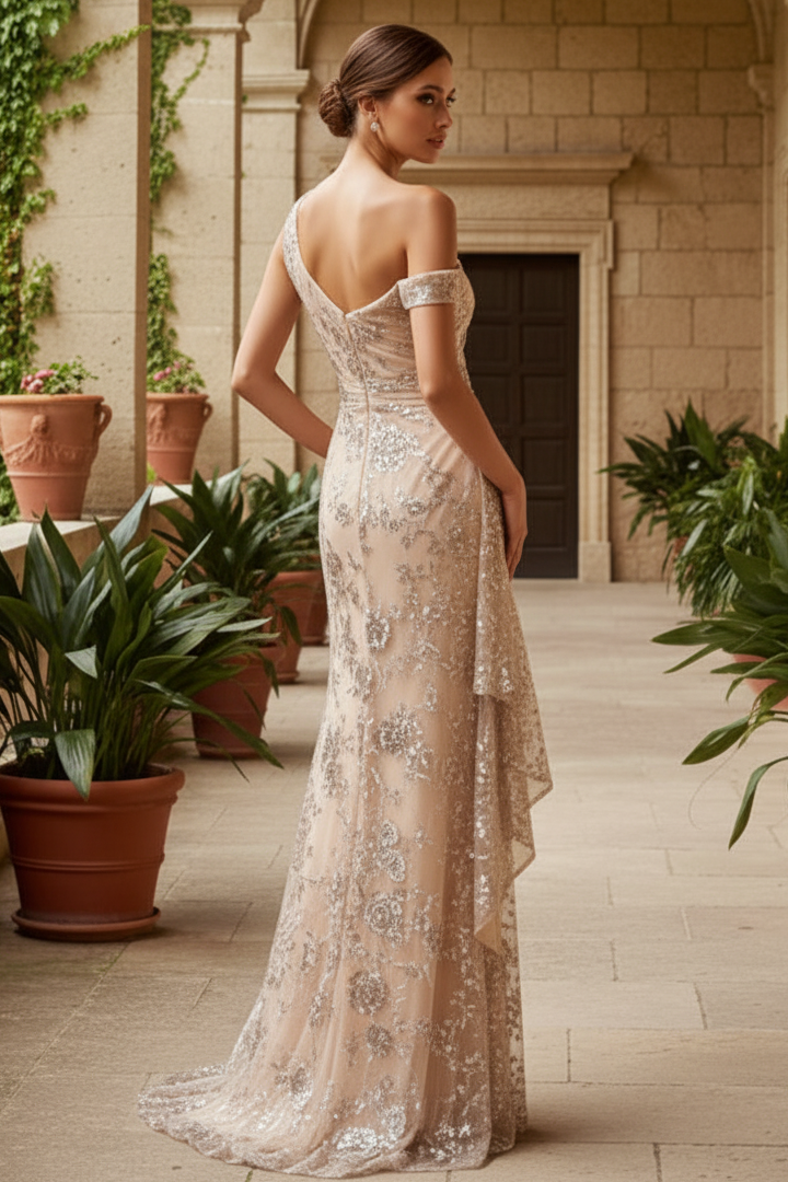One-Shoulder Floral Sequin Gown with Side Ruffle