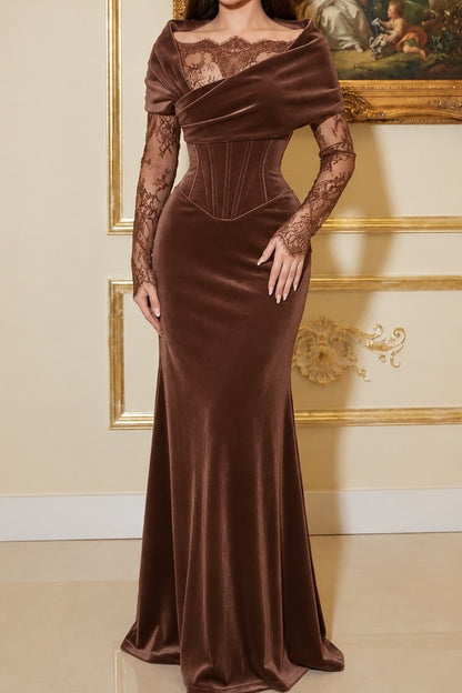 Velvet Corset Evening Gown with Scalloped Lace Inset