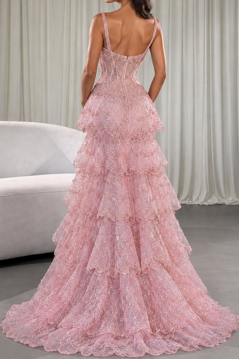 Beaded Corset Tiered Sequin Evening Gown