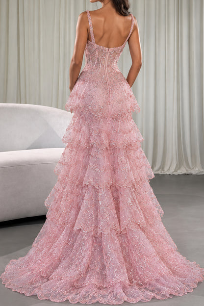 Beaded Corset Tiered Sequin Evening Gown