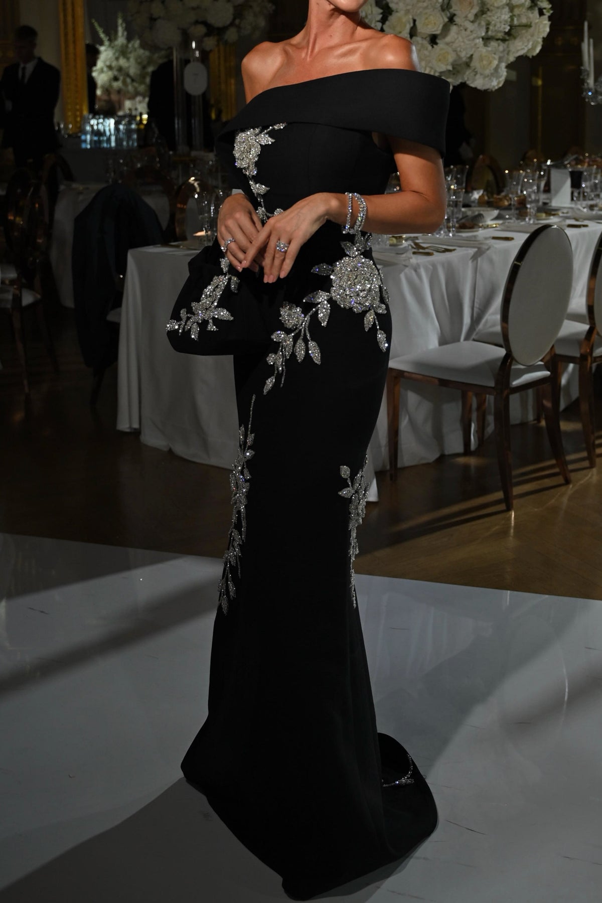 Asymmetric Fold Column Gown with Floral Beading
