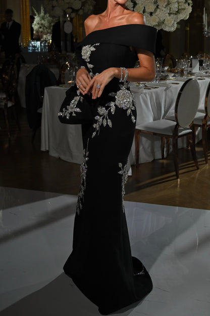 Asymmetric Fold Column Gown with Floral Beading