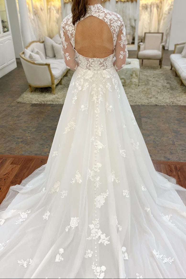High Neck Lace A-Line Wedding Dress with Sleeves