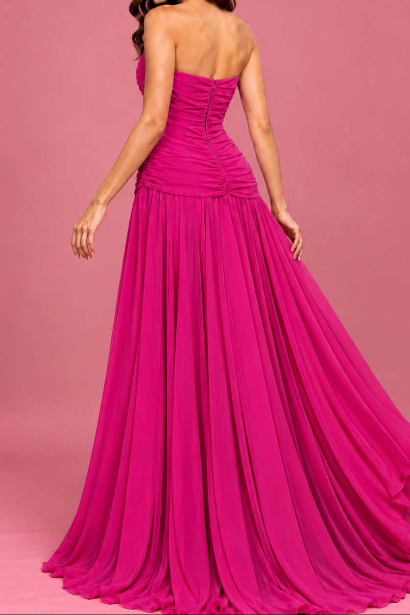 Strapless Ruched Gown with Chiffon Cape