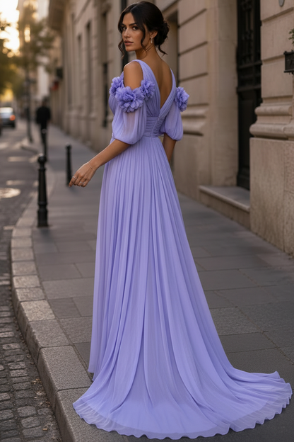Cold-Shoulder Pleated Chiffon Gown with 3D Flowers