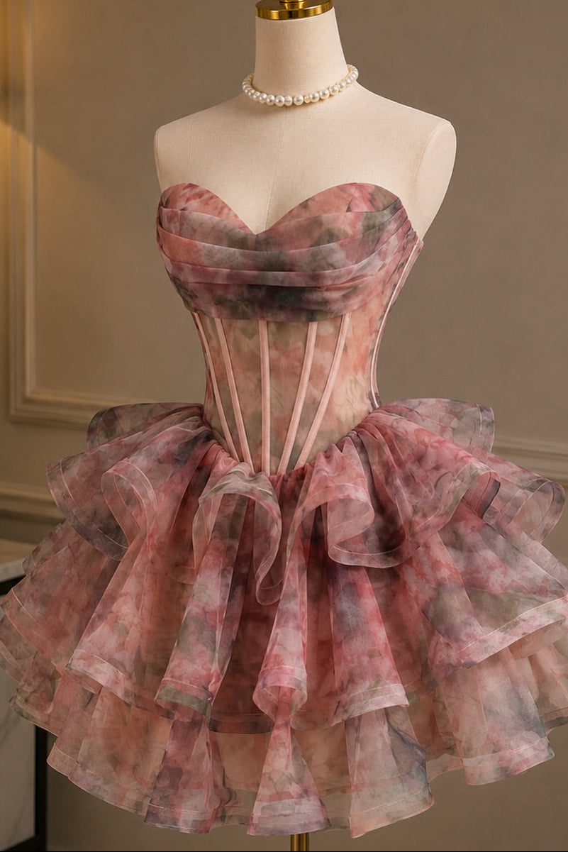 Strapless Corset Bodice Tiered Ruffle Mini Dress